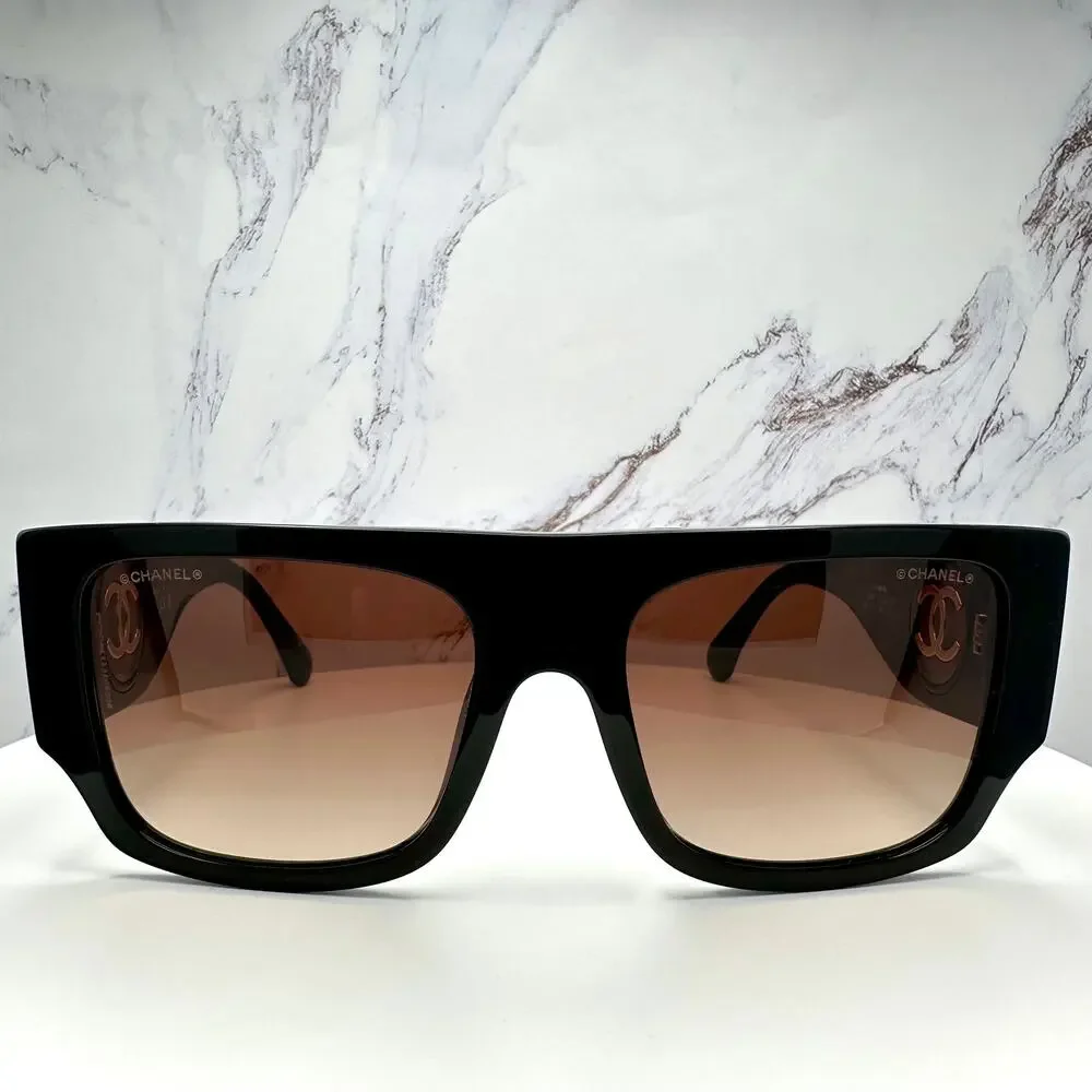 CHANEL Sunglasses Black Square Shield Gold CC Gradient Brown Lens - Picture 2 of 16